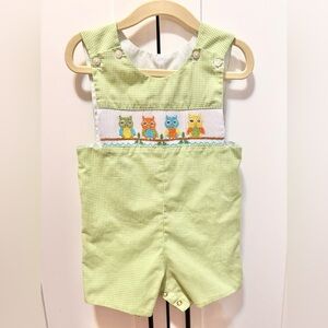 Smocked Owl Shortalls in Light Green